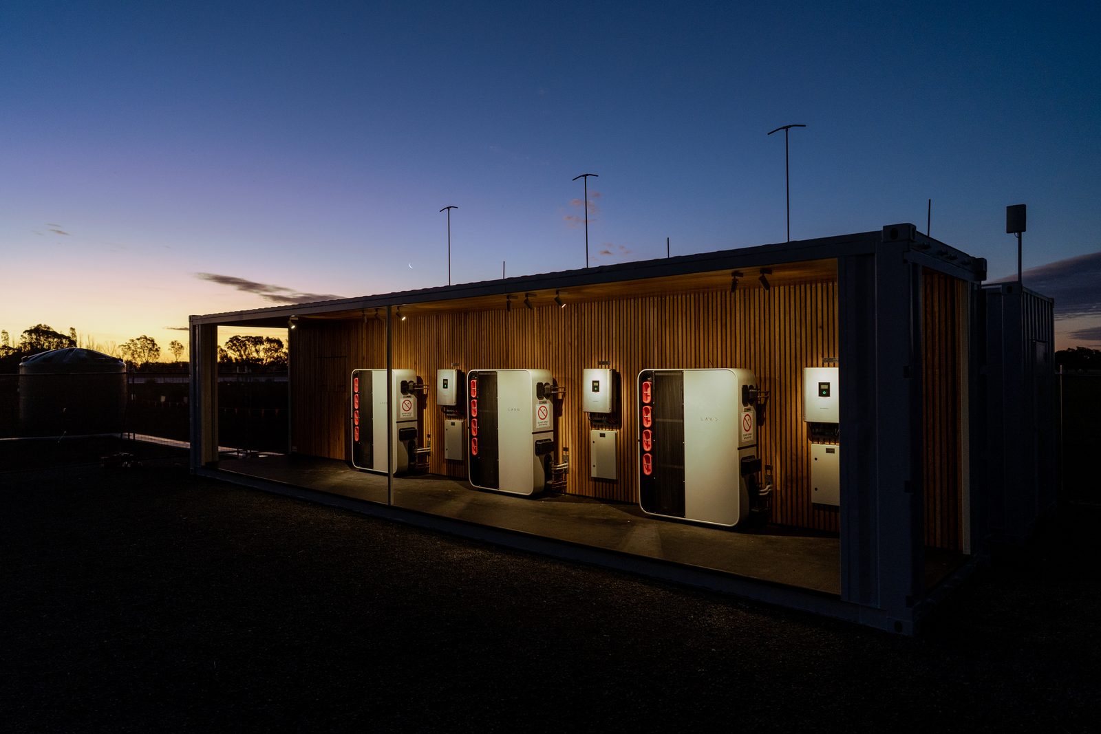 LAVO hydrogen storage units at the Girgarre demonstration site at dusk